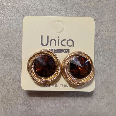 Vintage Unica Gold Tone Clip On Earrings With Deep Brownish Red Stone Costume - Image 1 of 2