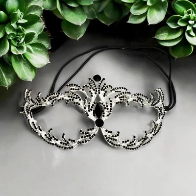 Black Crystal Masquerade Mask, Silver Party Mask, Prom Mask, Renaissance Mask - Image 1 of 4