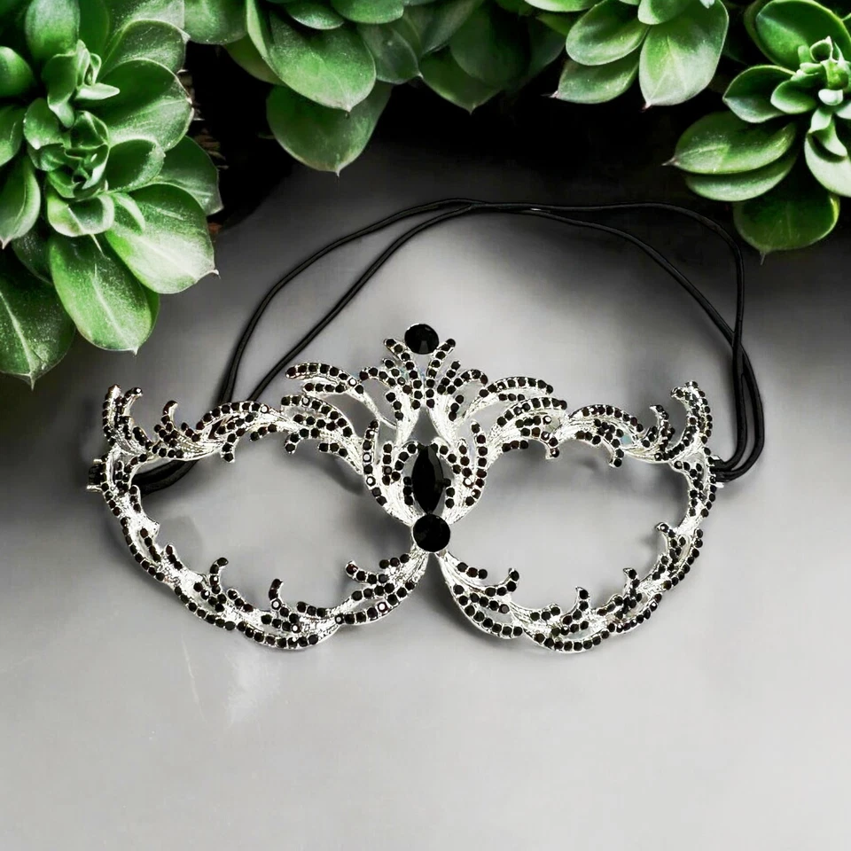 Black Crystal Masquerade Mask, Silver Party Mask, Prom Mask, Renaissance Mask - Image 1 of 4