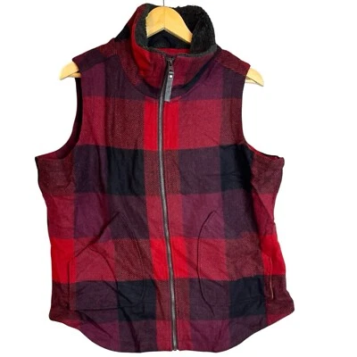 Colete Woolrich vermelho preto xadrez mistura de lã com zíper falso colarinho Sherpa feminino GG - Imagem 1 de 4