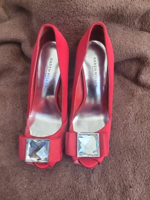 Karen Millen Shoes Size 4.5 Eu37 Red Satin Round Toe Slip On Stiletto Heel  - Image 1 of 4