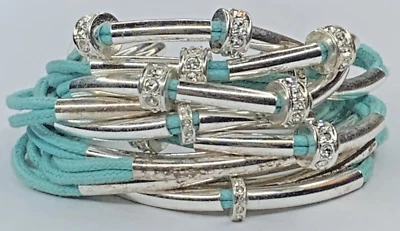 Chunky Wide Silver Plated Tube Crystal Turquoise Cord 24 Strand Bracelet Toggle - Image 1 of 4