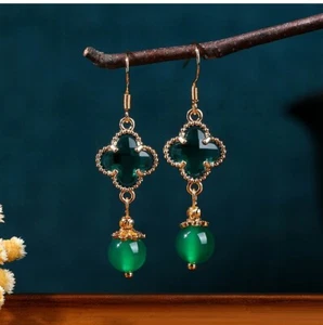 Green Jade Drop Dangle Earrings Boho Crystal Gemstone Hook 18K Gold Plated
