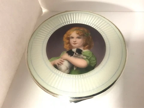 Guilloche enamel 935 sterling silver box Portrait Girl & pet dog 4" dia. antique Cover