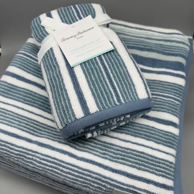 5 件套 Tommy Bahama Solana 条纹 3 浴 2 手巾套装蓝色绿色浅绿色白色新品 — 第 1/4 张图片