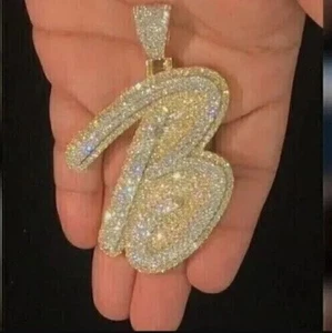 2.50Ct Lab Created D/VVS1 Diamond Letter B Initial Fancy Pendant 14K Gold Plated - Picture 1 of 8