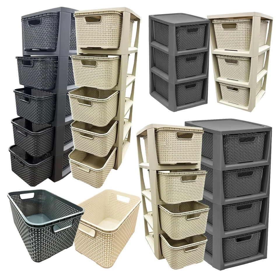 Large Cream & Grey Rattan Drawers Home Office School Modular Storage Tower Unit - Image 1 of 1