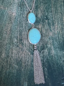 Vintage 30-32” Silver Tone Chain 2 Turquoise Blue Color Stone Pendant Tassel - Picture 1 of 4