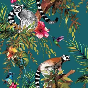 Holden Décor Lemur Teal Wallpaper 12402 - Monkeys Flowers Floral Trees Animals - Picture 1 of 3