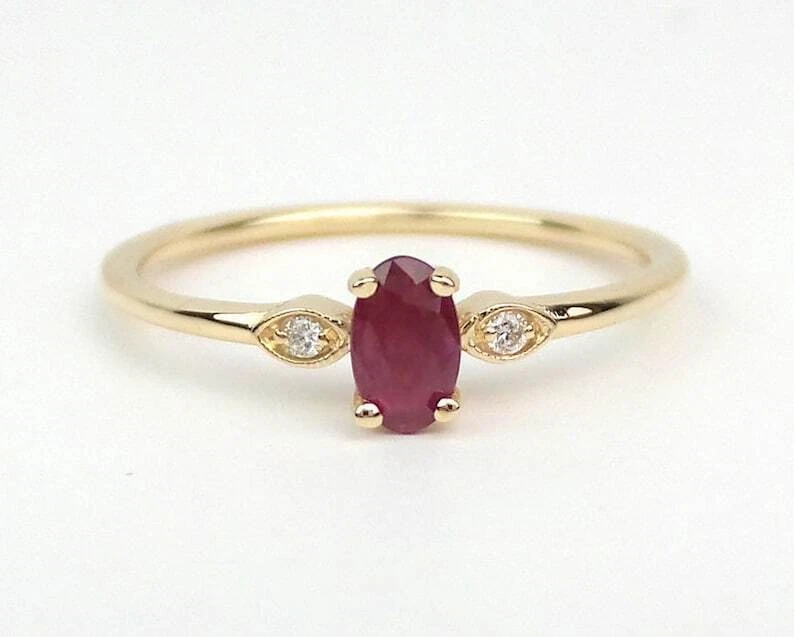 Natural Oval Cut Ruby and Diamonds Gemstone Women's Ring Solid 10k Yellow Gold - Image 1 of 4