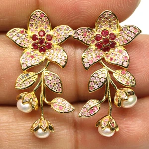 925 Sterling Silver White Pearl, Ruby & Sapphire Earrings 18K Gold Plated - Picture 1 of 4