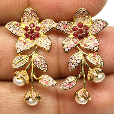 925 Sterling Silver White Pearl, Ruby & Sapphire Earrings 18K Gold Plated  - Image 1 of 4