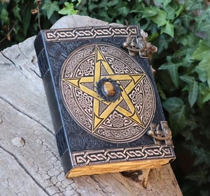Fat Pentagram Leather Journal Black/Gold Tones- 2 Brass C Clasp | 5 Stone Choice - Picture 1 of 9