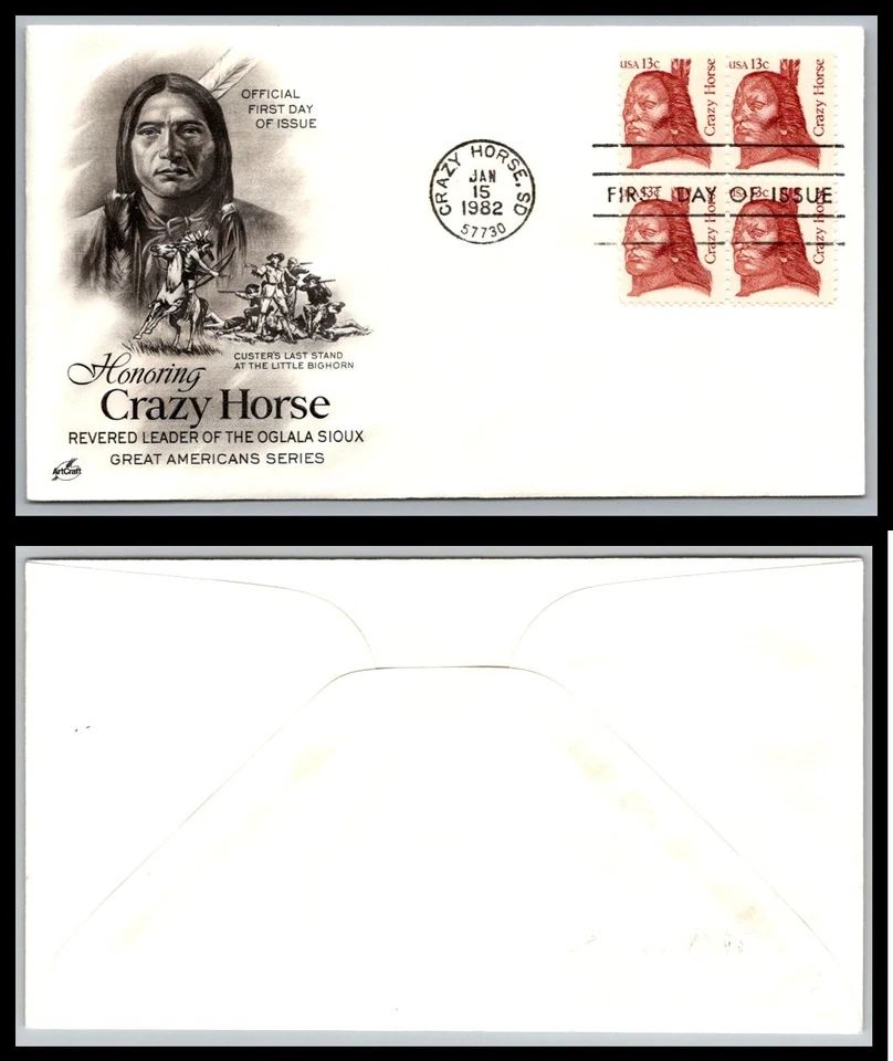 US FDC # 1855 13c Crazy Horse  ArtCraft block s.cancel 1982, 9Q2322 - Image 1 of 1