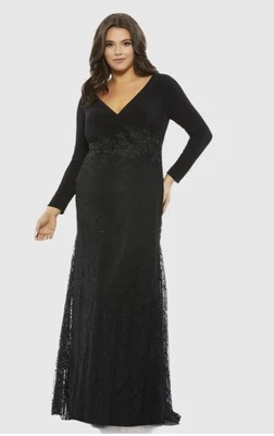 Vestido Mac Duggal Talla 18 W Negro Imitación Envoltura Encaje Apliques Trompeta 67896 Foto 1 de 4