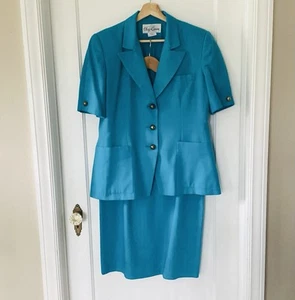 Vintage Oleg Cassini Turquoise Skirt Suit Set 1980s Women's Classic Brass Button - Picture 1 of 12