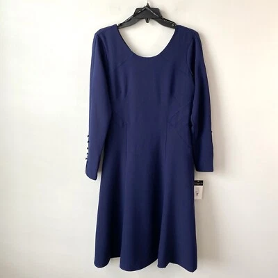 Vestido Tahari ASL Manga Botón Crepé Línea A Azul Marino 4 Foto 1 de 4