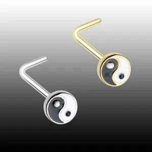 Yin Yang L-Shape Nose Ring Dualism Silver Gold Enamel Stud Bone Sexy Black White - Picture 1 of 3