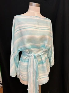 Talbots Sz 10 Linen Top Blue White Striped 3/4 Flare Sleeve Boat Belted Summer - Picture 1 of 6
