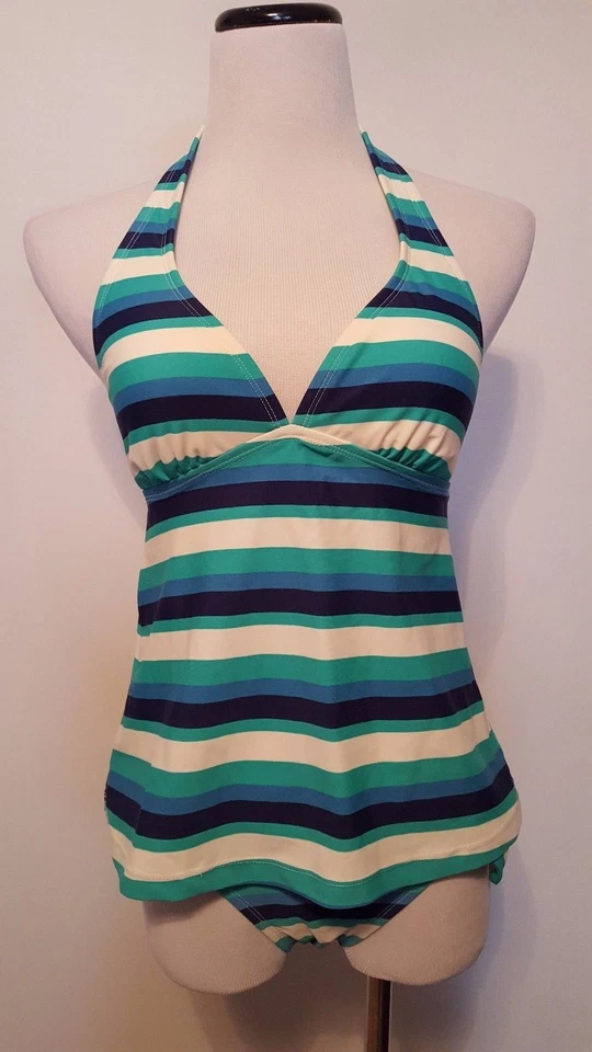 Bikini Tankini Converse One Star 2 piezas Halter Rayas Azul Verde Crema Talla S Foto 1 de 1