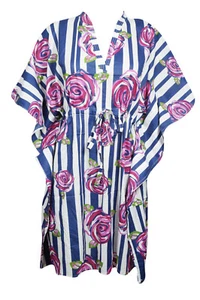 BLUE Floral Resort Dress Kaftan Kimono Sleeves Cotton Loose Beach CoverUp Caftan
