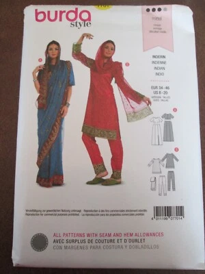 Burda 7701 Traditional Indian Sari Pattern 8-20 Tunic Top Pants Skirt Uncut FF - Image 1 of 2