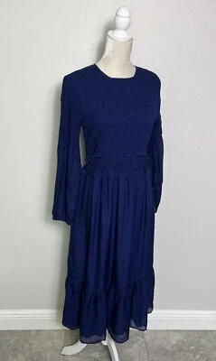 Vestido Vineyard Vines 100% Seda Texturizado Calado Midi Volantes Azul Marino Nuevo M Foto 1 de 4