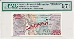 Banque de la Republique Burundi 50 Francs 1988 Specimen PMG 67EPQ - Picture 1 of 3