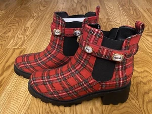 Sugar Ankle Boots Red Plaid,  Rhinestone/Straps Bling Booties Size 11 - Picture 1 of 10