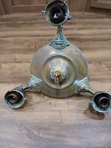 VINTAGE ANTIQUE BRASS HANGING LIGHT FIXTURE 3 SOCKET ORNATE PARTS OR REPAIR - Picture 1 of 9