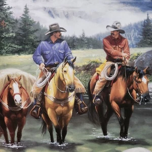 Clear Water Crossing Framed Print Western Horses Cowboys Mountains & River 16x - Picture 1 of 8