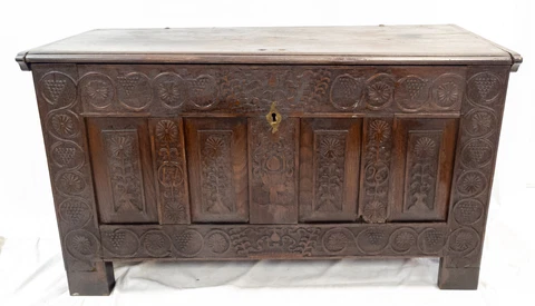 Antique English 17th Century Jacobean Gothic Revival Carved Chest Trunk Cover