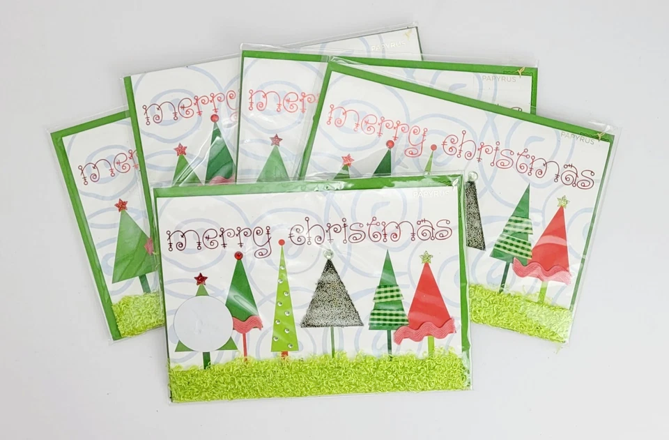 Lot Of 5 Papyrus Textured Fabric Decorated Christmas Trees Cards W/ Envelope  - Image 1 of 4
