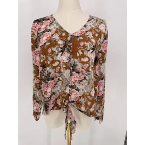 CAMISA BLUSA MANGA LARGA MARRÓN FLORAL BOTÓN LAZO DELANTERO CINTURA TALLA L - Imagen 1 de 9