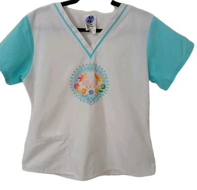 Landau Scrub Top Size 7/9 White Aqua Blue Butterfly Floral Print Nurse - Image 1 of 4
