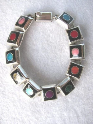 Pulsera Taxco Mexicana 7 1/2" Plata de Ley 925 Con Incrustaciones Piedras Preciosas 11 Paneles Foto 1 de 4