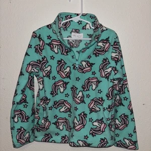 The Childrens Place Girls 5/6 Unicorn Teal White Pullover Fleece Zipper Collar - Picture 1 of 13