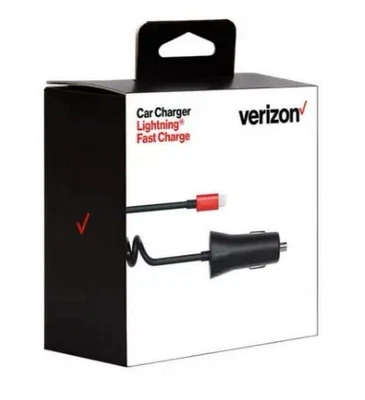 Verizon Car Charger-MFI Cert. Fast Charge-9 FT Coiled Cable-Ceramic Black [NEW] - Image 1 of 4