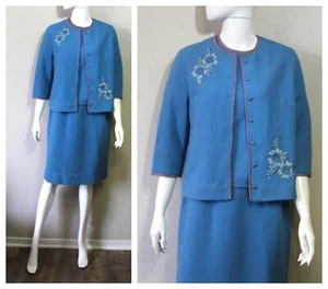 Vtg 60s Butte Knit Wool Knit Dress Sweater Set EMBROIDERED Flowers 3 Piece - Picture 1 of 11