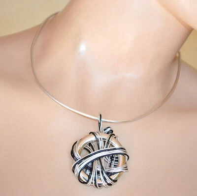 Collana donna argento girocollo ciondolo anello multi fili neri alluminio D104 - Immagine 1 di 2