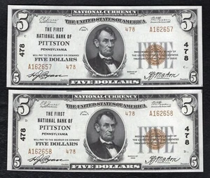 (2) CONSECUTIVE 1929 $5 TYII THE FIRST NB OF PITTSTON, PA NATIONAL CH. #478 GEM - Picture 1 of 2