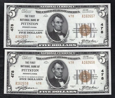 (2) CONSECUTIVE 1929 $5 TYII THE FIRST NB OF PITTSTON, PA NATIONAL CH. #478 GEM - Image 1 of 2