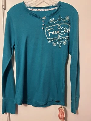 Top de mujer Farm Girl L azul turquesa manga larga Henley tejido gofre Foto 1 de 4