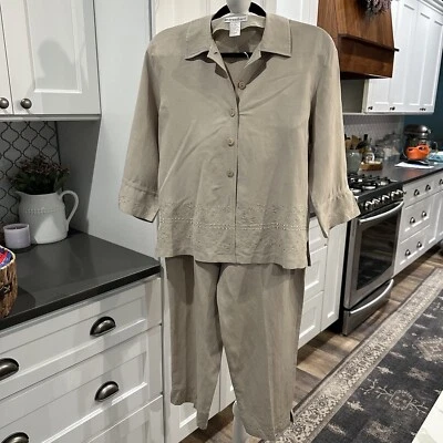 Conjunto de Traje Vintage Vestido Granero Años 80 Beige Caqui Seda Lino Bordado Talla M/L Foto 1 de 4