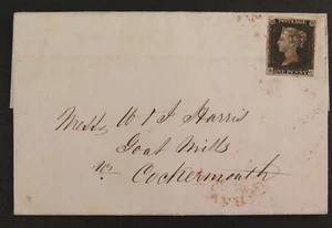 QV 1840 1d Penny Black (KC) Plate 1b SG2 AS5 on cover to Cockermouth - Picture 1 of 4