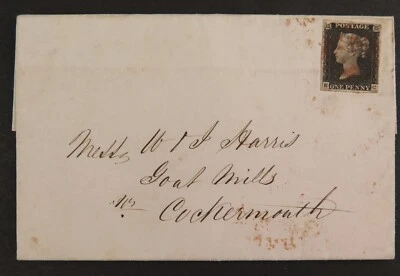 QV 1840 1d Penny Black (KC) Plate 1b SG2 AS5 on cover to Cockermouth - Image 1 of 4