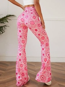 Pink Bootcut High Waisted Yoga Pants Sunflower Print Wide Leg Pants Trousers - Picture 1 of 4