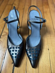 Charles Jourdan Size 8 leather silver and blue polkadot heels - Picture 1 of 6