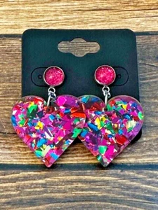 Hypoallergenic Dangle Drop Earrings Pink Confetti Foil Leaf Hearts Acrylic RTS - Picture 1 of 1