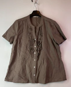 Vintage Regatta Linen Short Sleeve Button Up Shirt Womens 16 Brown Frilled - Picture 1 of 11